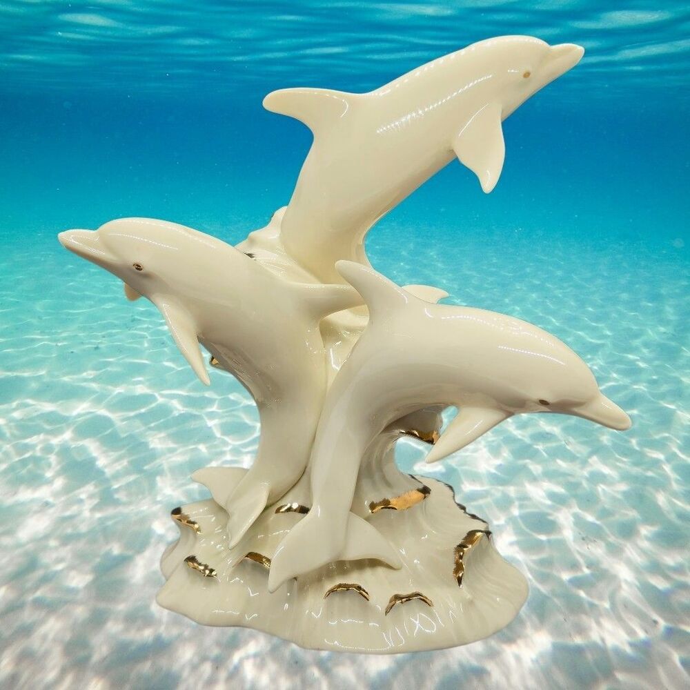 Vintage Lenox Dolphins of Splendor Gold Trim Ocean Waves Figurine Statue 8"x8"